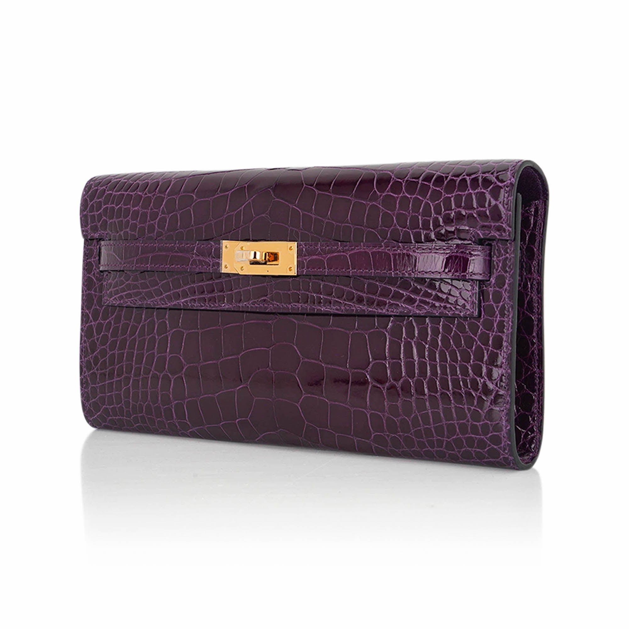 👜Kelly Classique To Go Wallet Cassis Alligator with Gold Hardware