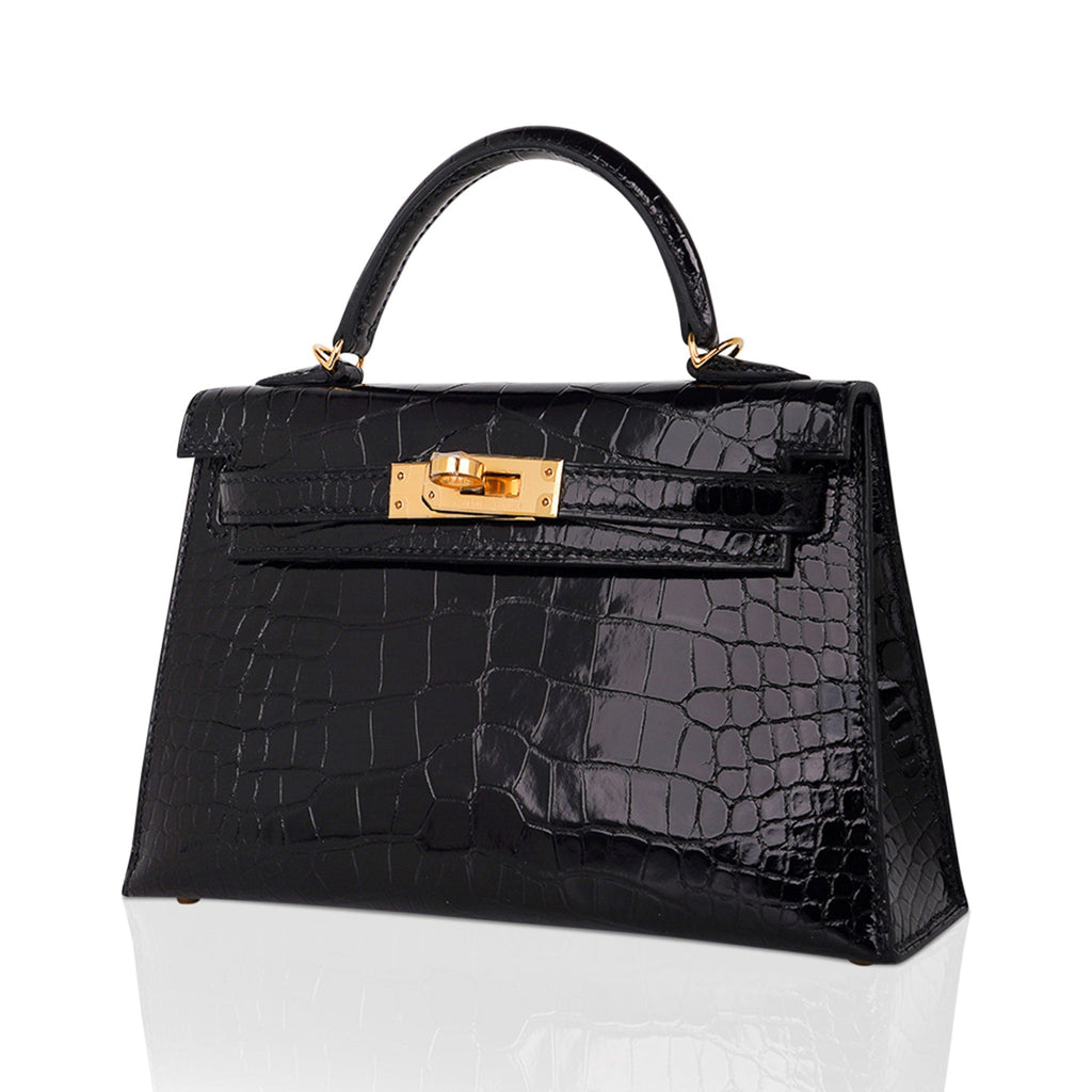 👜Kelly 20 Mini Sellier Bag Black Alligator Gold Hardware