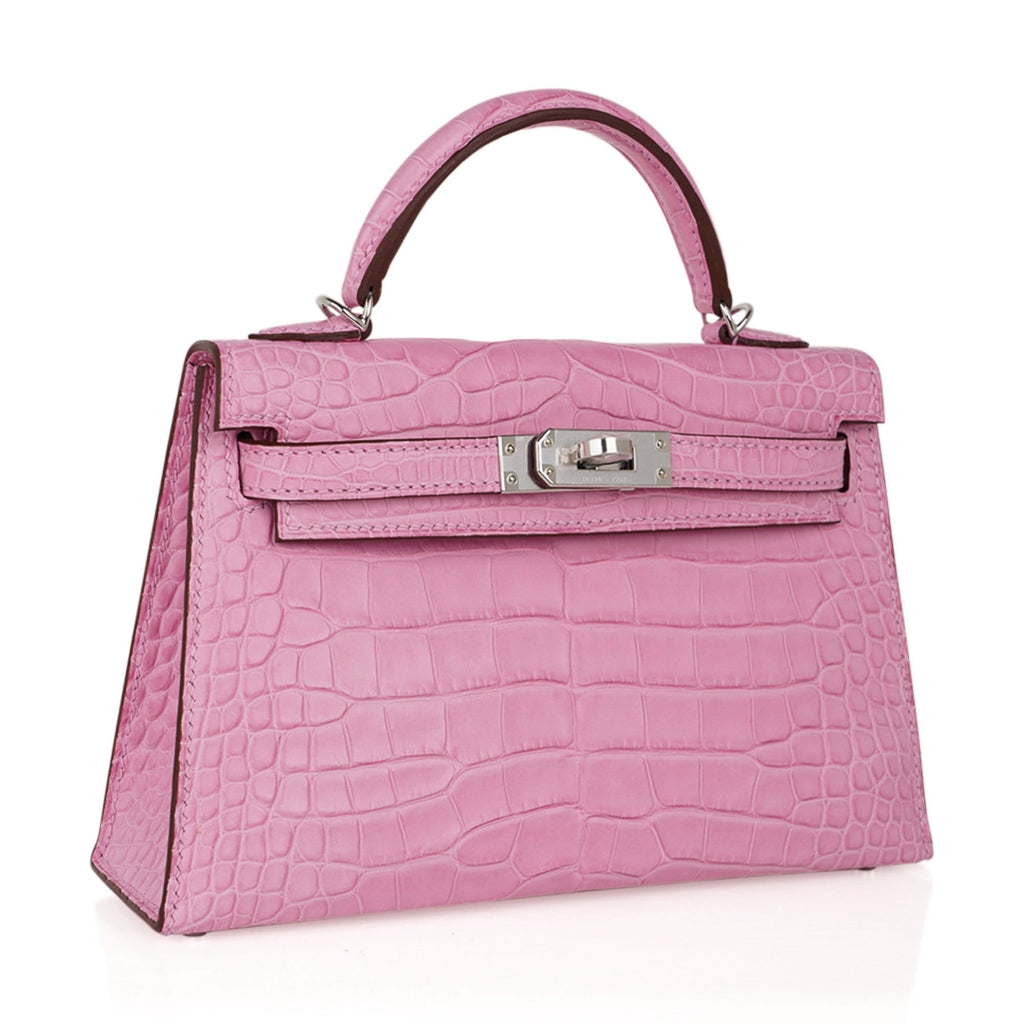👜Kelly 20 Mini Sellier Bag 5P Pink Matte Alligator Palladium Limited Edition