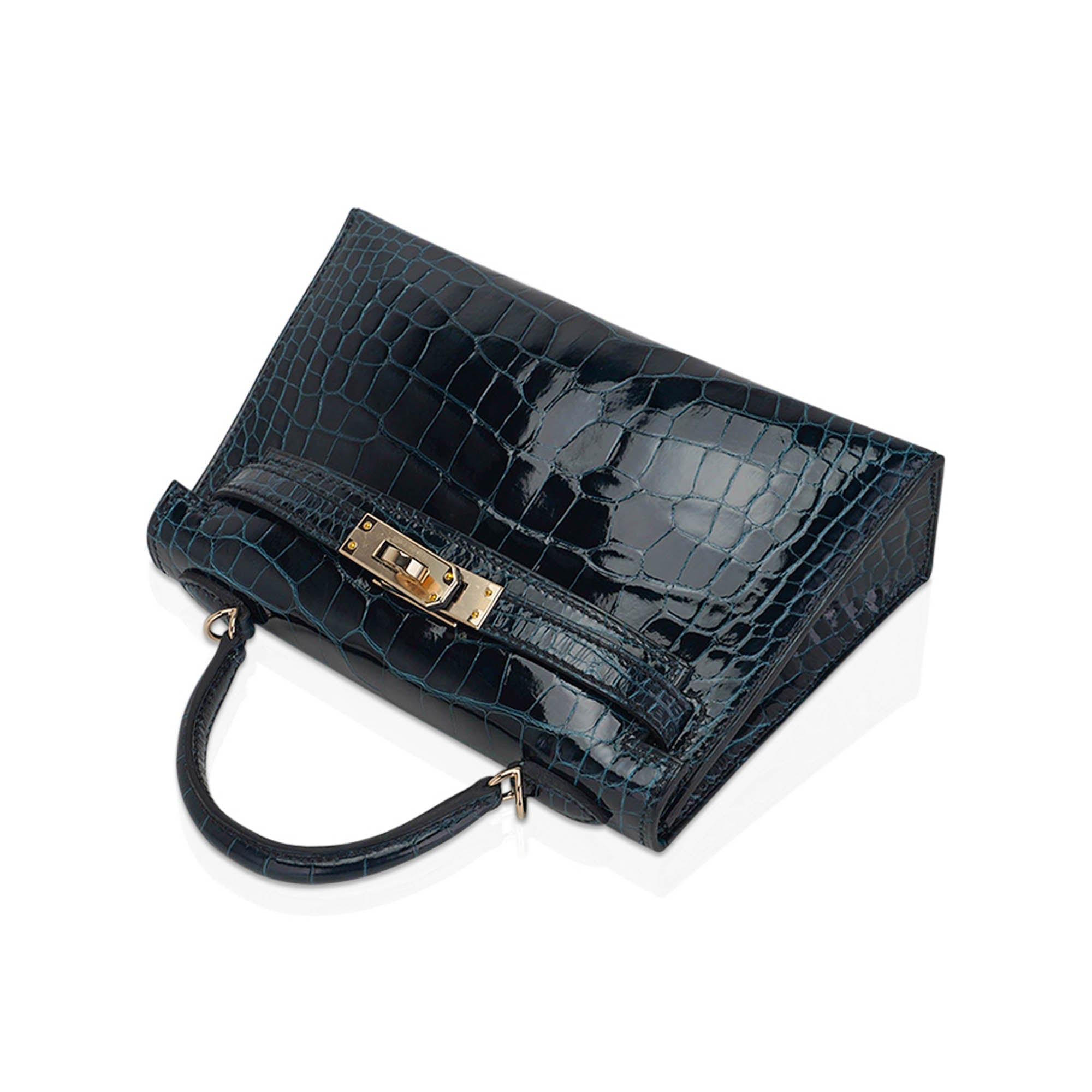 👜Limited Edition Verso Mini Kelly 20 Sellier Bag Vert Rousseau & Blue Paon Alligator with Permabrass Hardware