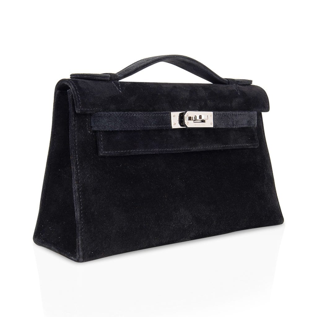 👜Kelly Pochette Black Doblis Suede Palladium